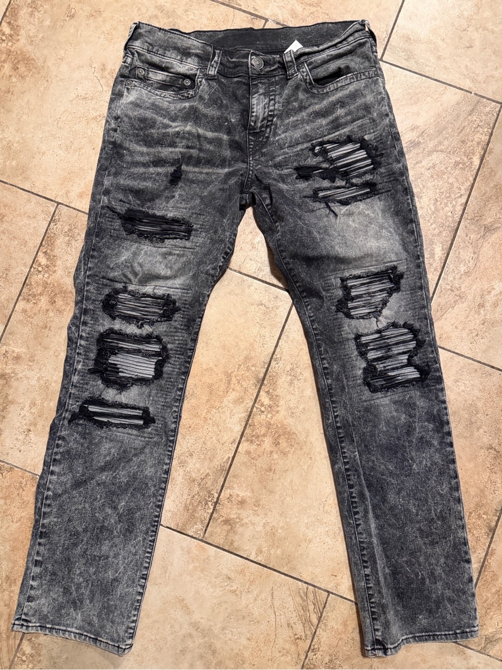 True Religion Men's Black Washed Distressed Slim Straight Jeans